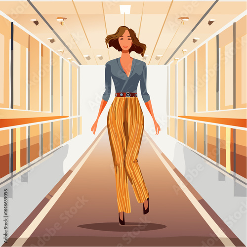 70s fashion show runway with bold prints, flares, and warm retro style lighting