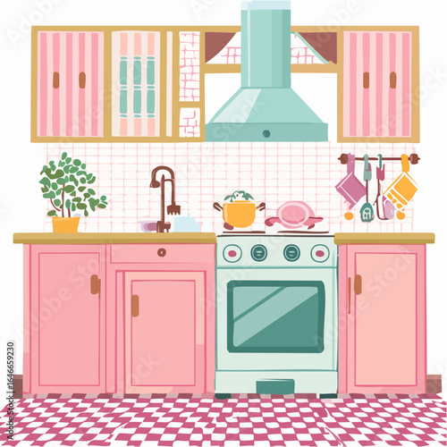Homely 90s kitchen in pastels with retro appliances and warm textures