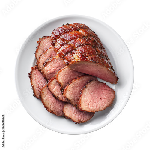 ceramic white plate, sliced inside round beef roast, top view, food photography, studio light, photorealistic, sharp focus