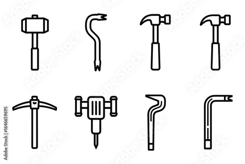 Set of construction and repair tools. Hammer, crowbar, jackhammer, pickaxe tools. Black outline Vector Illustration.