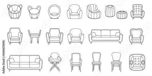 Set of furniture vector illustrations. Includes sofas, armchairs, and chairs in outline style. Home decor collection.
