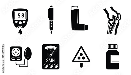 Set of healthcare icons representing diabetes glucometer, insulin pen, inhaler, knee joint, blood pressure and pills vector Illustration