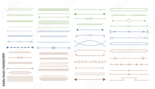 Set of hand drawn line dividers elements in green, blue, brown colors. Decorative line art for design. Vector Illustration