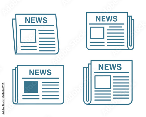 Set of newspaper icons in blue line art style. Collection of news paper symbols, isolated vector design.