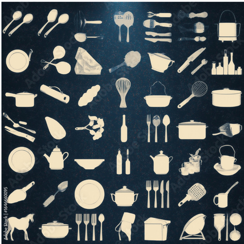 board, ladle, spatula, grater, rolling pin, colander, saucepan, frying pan, teapot, kettle, 