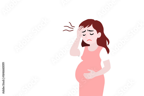 pregnancy woman with health problem such as headache, backache, she is on the white background. 
