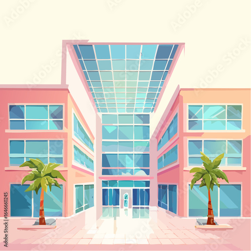 Pastel 80s mall scene with tropical plants, glass lifts, and vintage style