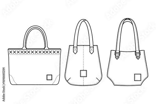Set of three fashionable outline tote bags. Perfect for everyday shopping, stylish leather handbags. Vector illustration.
