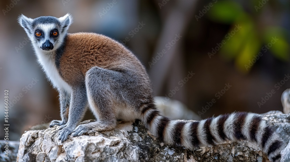 Fototapeta premium Close-up of a curious ring-tailed lemur sitting on a rock in natural light.