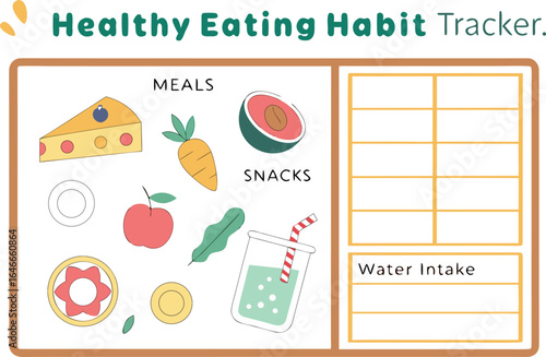 A fun and colorful healthy eating habit tracker for kids and adults to monitor meals snacks and daily water intake for better wellness