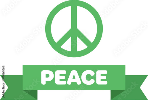 A green peace symbol above the word peace on a green ribbon banner