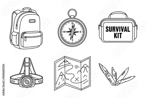 Survival kit, includes backpack, compass, survival kit box, map, headlamp, and a pocket knife - Vector Illustration.