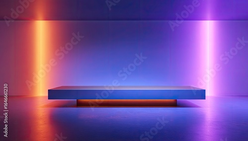 Wallpaper Mural A minimalist scene features a rectangular platform illuminated by vibrant orange and purple neon lights casting reflections on a glossy floor Torontodigital.ca