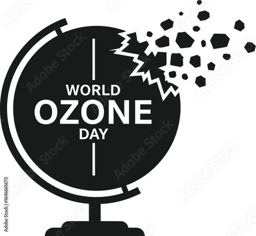 World ozone day globe disintegrating into pieces in black and white art
