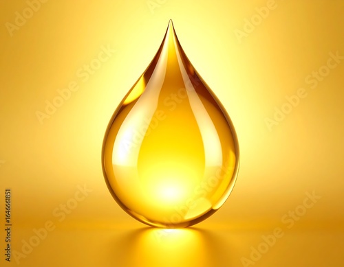 Single, luminous amber droplet on gold background