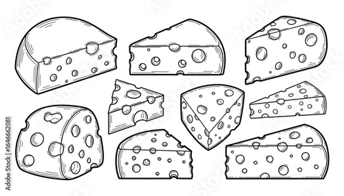 Various cheese shapes with holes, outline drawings, simple dairy food elements, vector illustration.