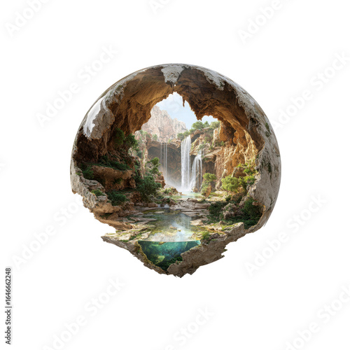Serene Waterfall Oasis Inside a Stone Sphere A Surreal Nature Scene