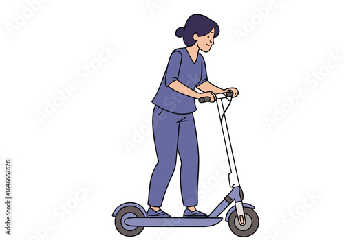 A young woman rides an electric scooter, showcasing a modern urban lifestyle. Clean lines and a simple background highlight the scooter. Suitable for setup packages.
