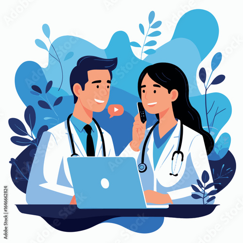 flat 2d vector illustration of two doctors discussing healthcare information using laptop and smartphone in modern medical consultation