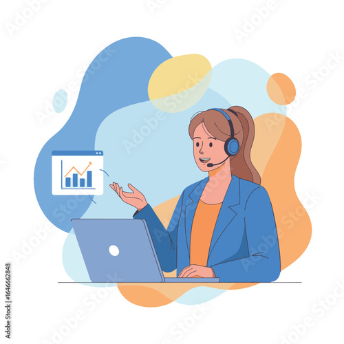 female support agent providing online business consultation through laptop with data chart presentation
