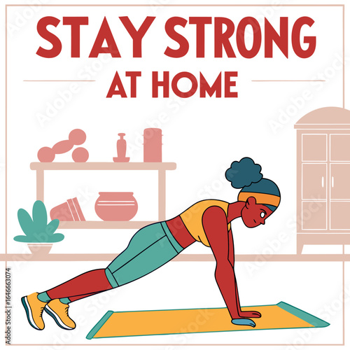 Stay strong at home a woman engages in a plank exercise on a yoga mat encouraging home fitness and well being