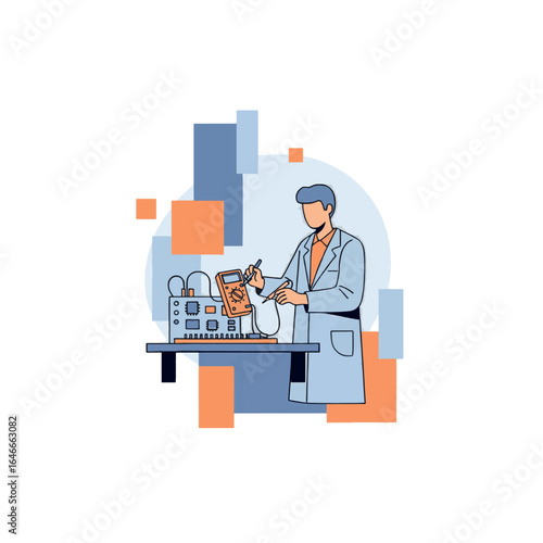 Electrical engineer testing electronic equipment with a multimeter in a laboratory.