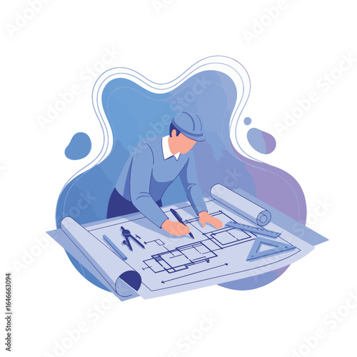 architect drafting detailed building blueprint on a modern workspace
