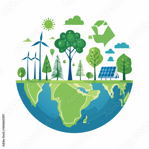 "A collection of vector illustrations depicting nature and sustainability, including trees, renewable energy symbols, and eco-friendly elements, in a vibrant green and blue color scheme.