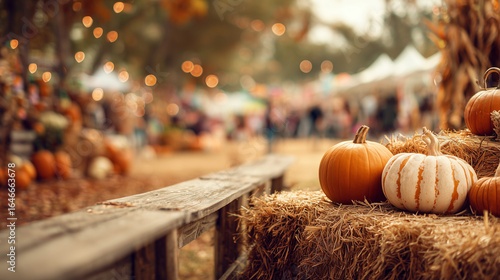 Autumn Daze Festival, row of pumpkins and hay bales along a wooden fence, blurred festival in background
