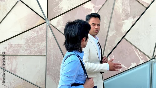 International business partners walking and discussing near Federation Square in Melbourne