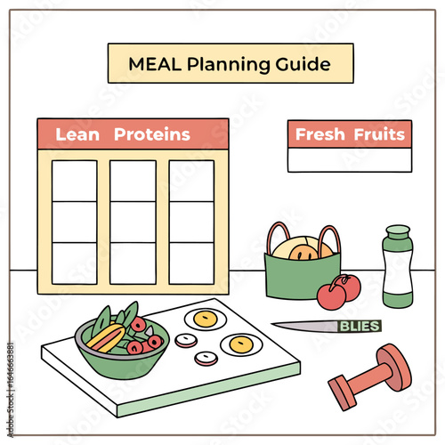 Healthy meal planning guide featuring lean proteins fresh fruits and exercise equipment for a balanced lifestyle