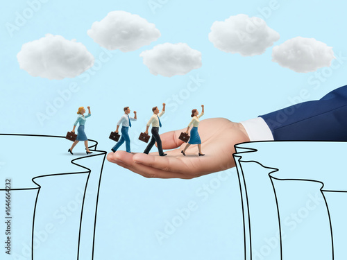 A giant hand helps a team of miniature business people cross a chasm, symbolizing mentorship and support to overcome business challenges and reach success.