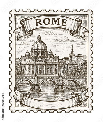 vintage postage stamp depicts rome city - italy (sketch drawing)