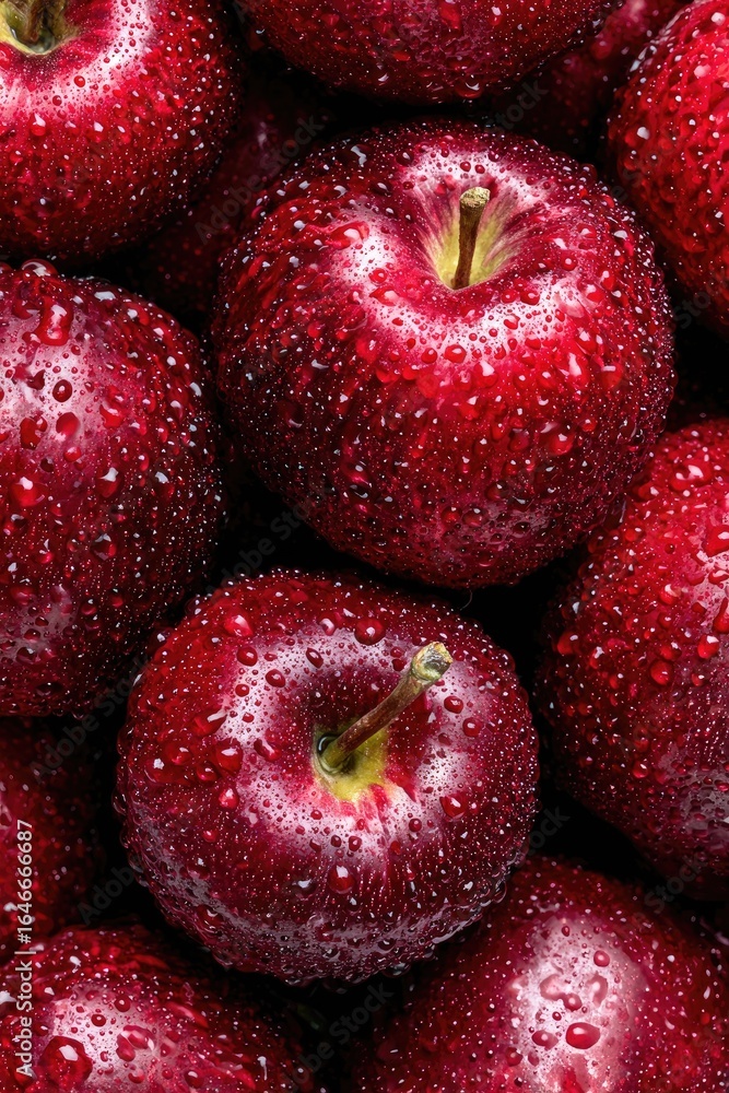 Close-up of many deep red apples, covered in water droplets Close-up of many deep red apples, covered in water droplets