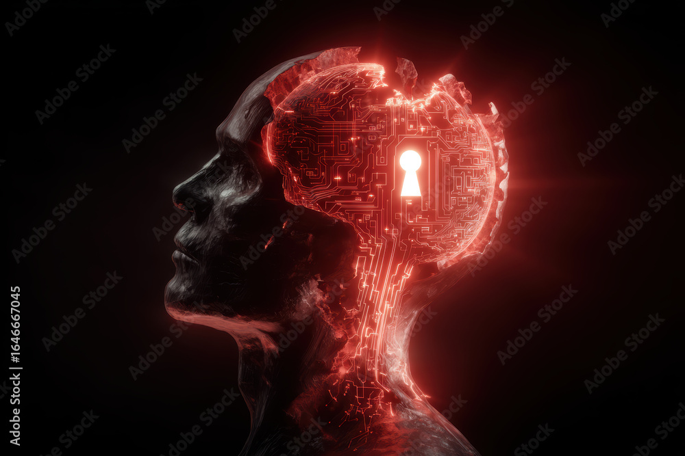 Obraz premium Futuristic human head with glowing red circuit brain and keyhole symbolizing digital mind and security in dark background