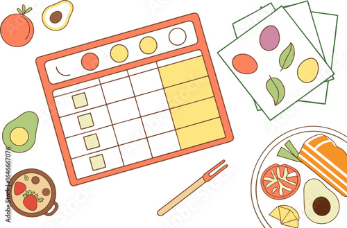 A healthy food planner with meal icons and fresh ingredients laid out for a nutritious day