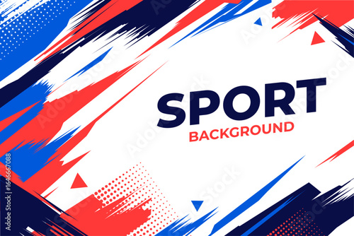Abstract Vector Sport Background in Red, Blue, and White with Paint Brush Strokes, Geometric Shapes, and Modern Halftone Patterns for Poster or Banner