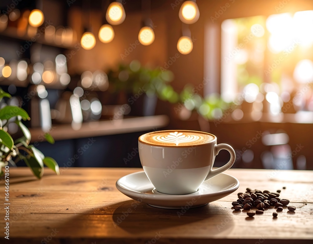 Obraz premium Latte art coffee cup on wooden table