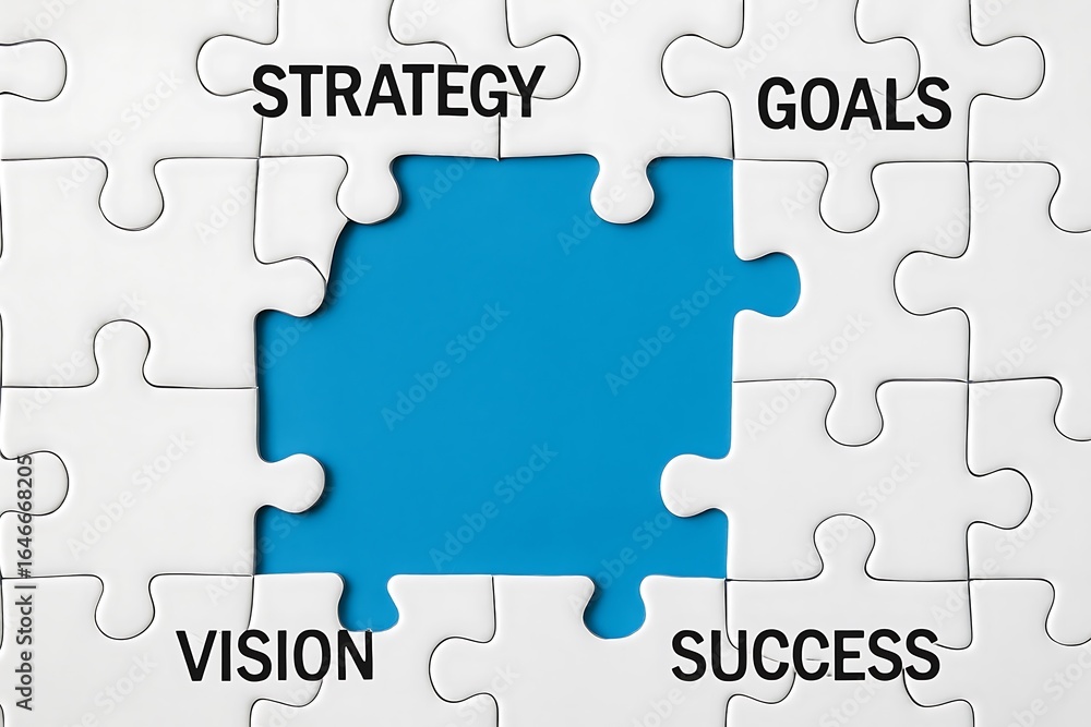 Puzzle pieces representing strategy goals vision and success with missing center Puzzle pieces representing strategy goals vision and success with missing center