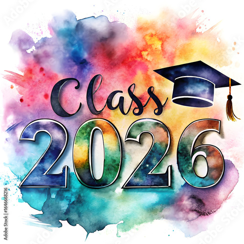 Watercolor Splash Graduation Class of 2026 with Cap and Tassel Keywords: graduation, class of 2026, cap, tassel, academic, education, celebration, achievement, success, diploma, future