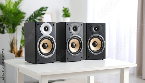 Three bookshelf speakers in black, gray, and white sit on a white table