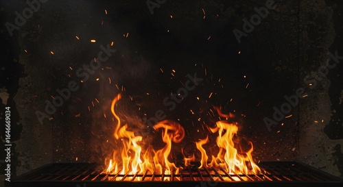 Barbecue grill background with flames on a dark, grunge wall, with smoke and fire embers.