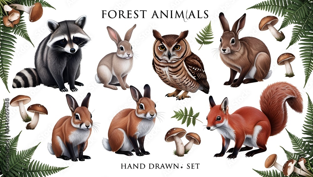 Obraz premium Artistic collection of forest animals and plants — raccoon, bunny, red fox, squirrel, brown owl, ferns, and mushrooms — rendered in a detailed sketch style on white background.