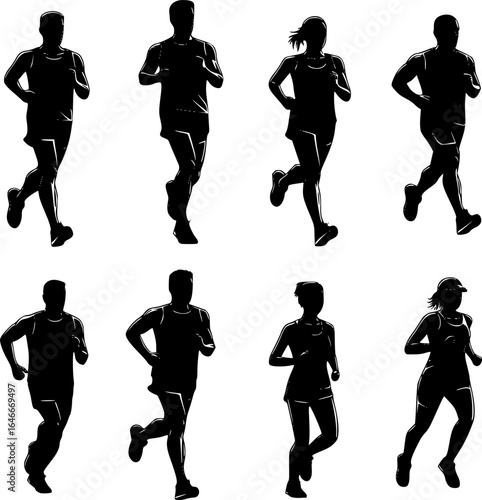 Running men and women, isolated vector silhouettes. Run, side view. Silhouettes of athletic looking male and female runners running. EPS version.
