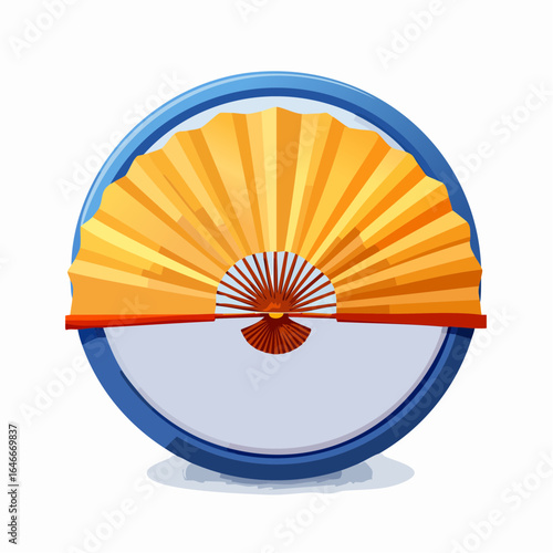 An open Japanese fan with a gold and yellow pattern is shown in this vector illustration