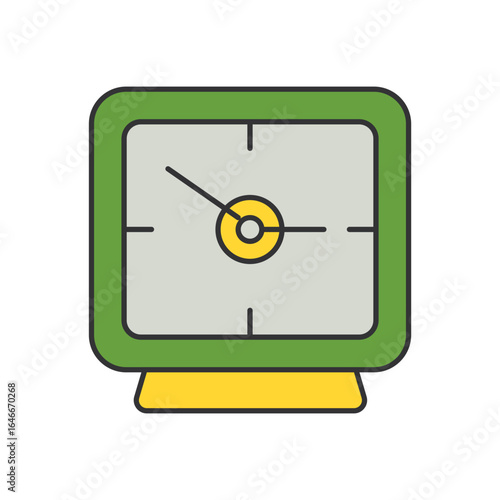 Green square alarm clock icon, a simple vector illustration for time management and morning wake-up calls
