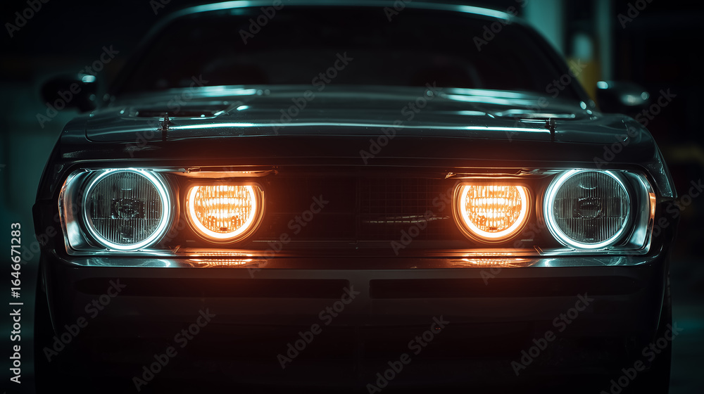 Fototapeta premium Powerful headlights illuminating dark garage on sports car
