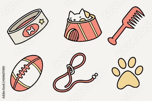 Cute pet accessories and toys collection, isolated on white background