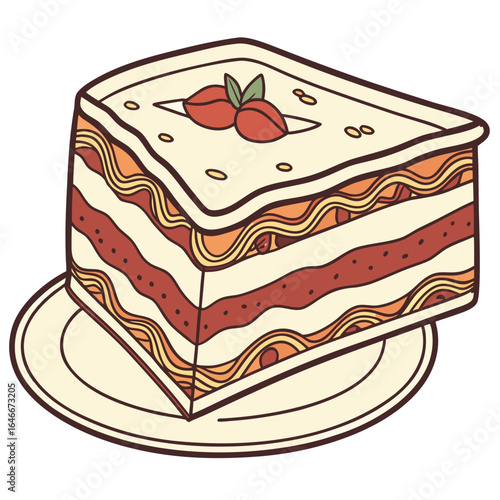 Slice of lasagna with tomato and basil on a plate, isolated on white background
