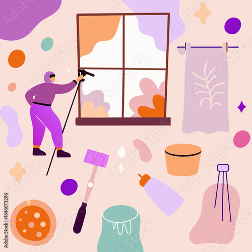 Vibrant window cleaning illustration featuring a worker and various cleaning tools